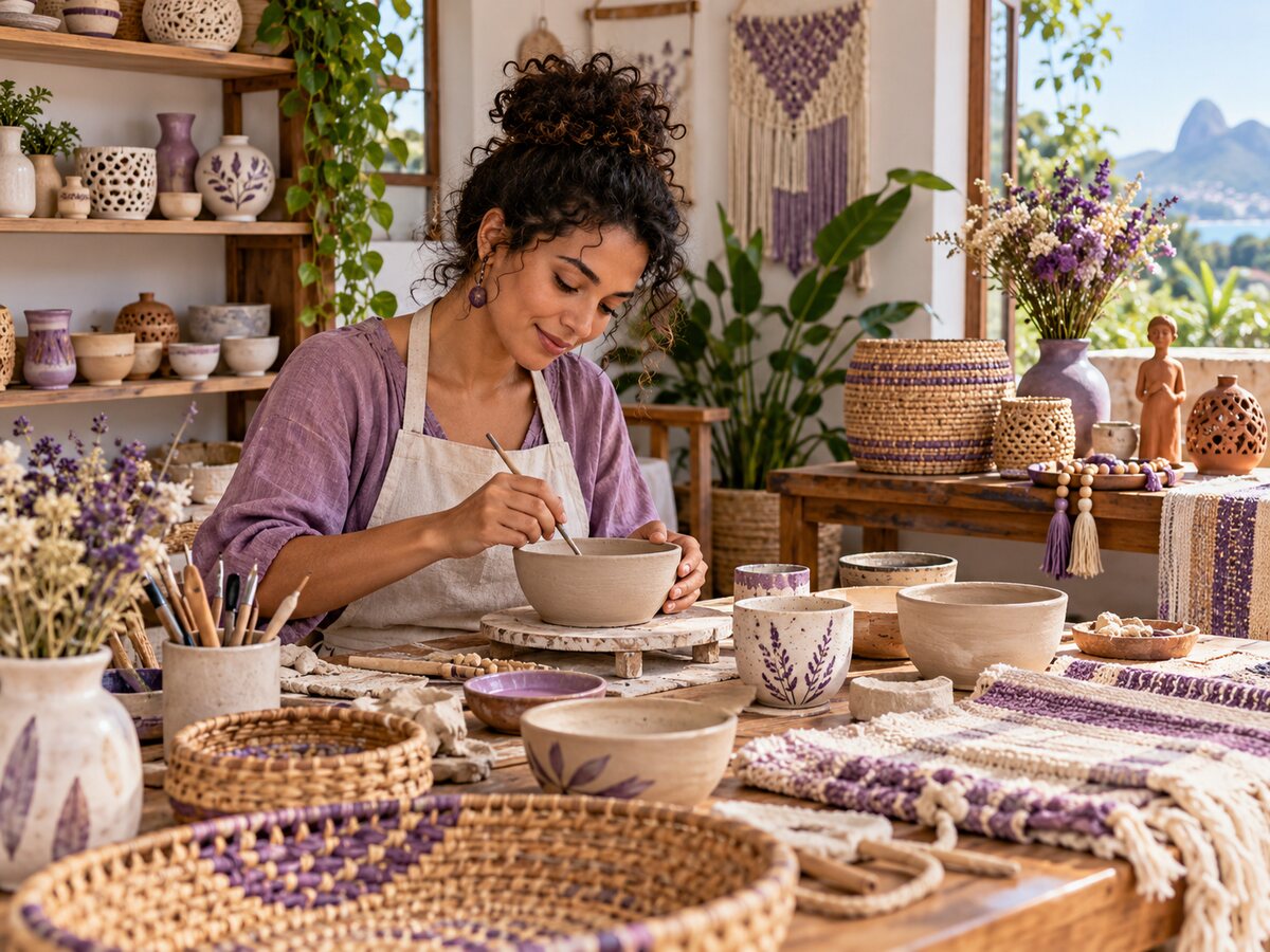 Artesã trabalhando em peças feitas à mão em um ateliê com decoração artesanal