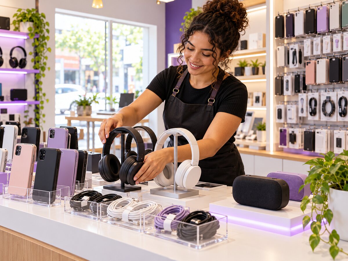 Empreendedor organizando fones, acessórios de celular e pequenos eletrônicos