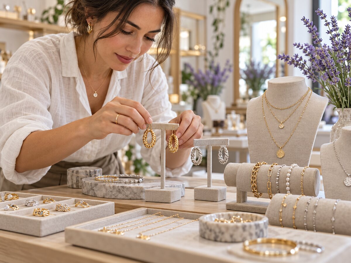 Artesã organizando joias e semijoias em uma vitrine elegante