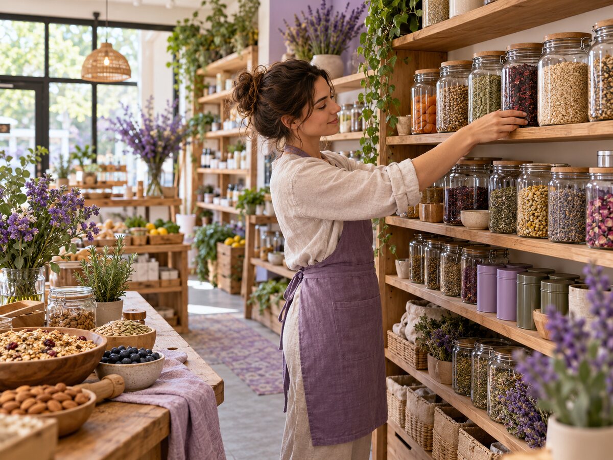 Loja de produtos naturais com grãos, chás e alimentos em recipientes de vidro