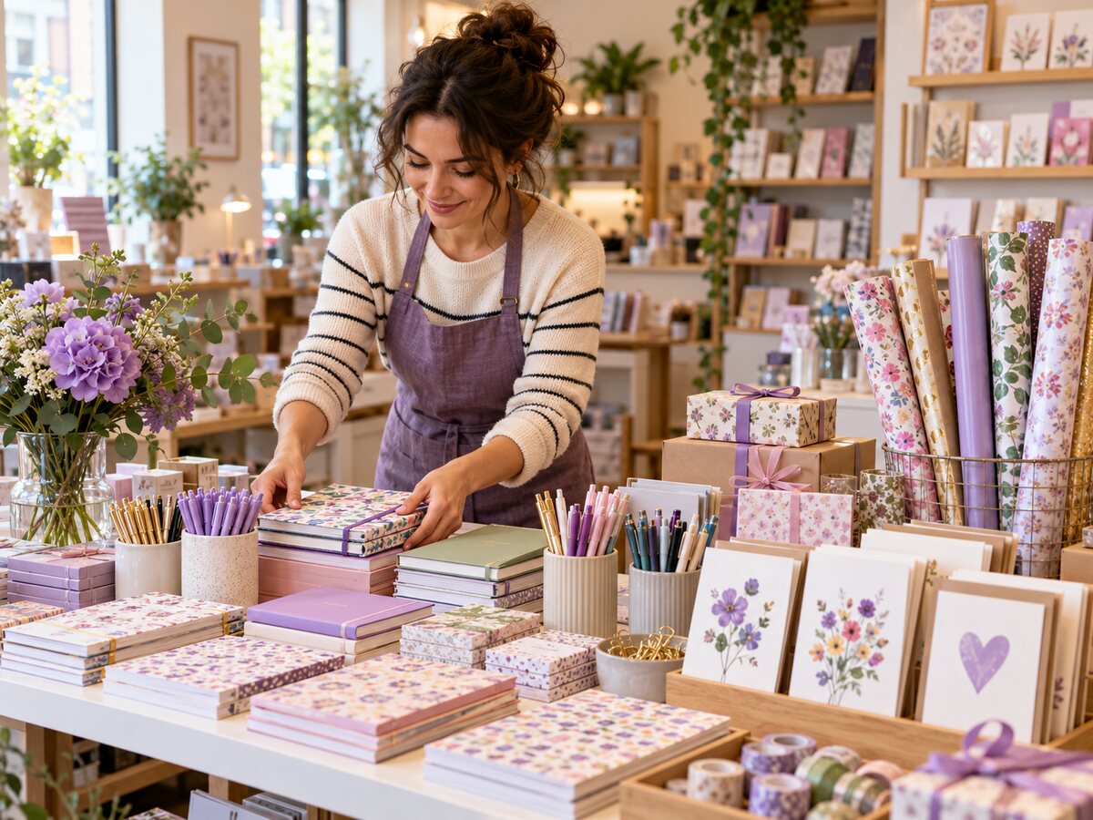 Papelaria criativa com cadernos, canetas coloridas e materiais para presentes