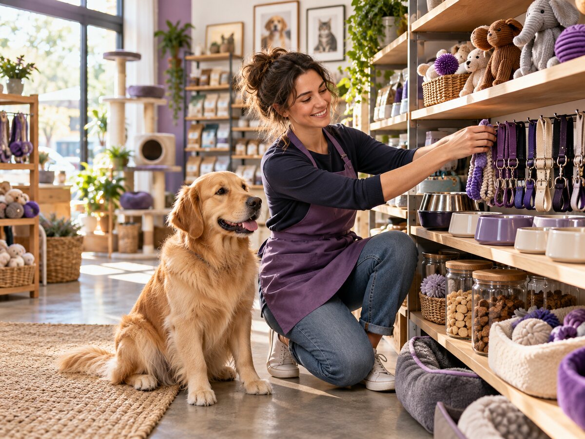 Dona de pet shop organizando brinquedos, coleiras e produtos para animais